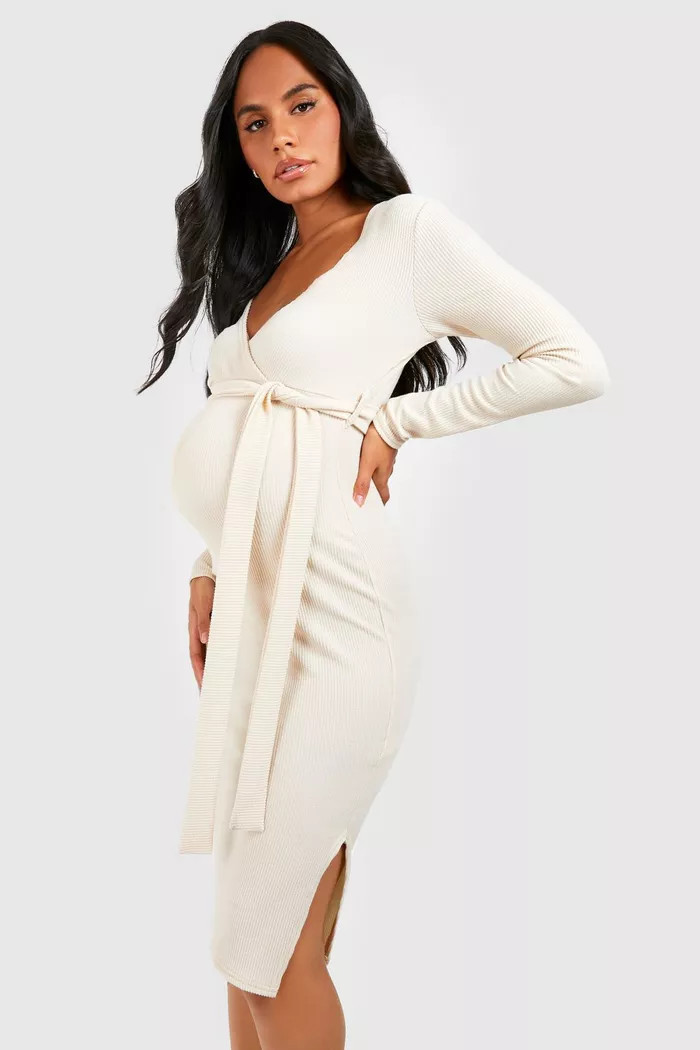 Maternity Crinkle Rib Belted Midi Dress | boohoo (US & Canada)