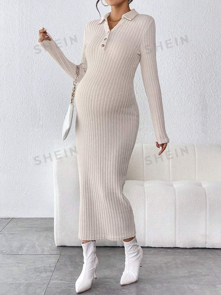 SHEIN MaterniWear Maternity Ribbed Knit Polo Neck Bodycon Dress With Long Sleeve | SHEIN
