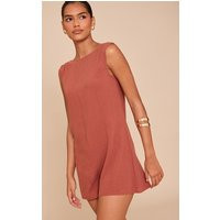 Rust Linen Blend Slouchy Boat Neck Romper | PrettyLittleThing US