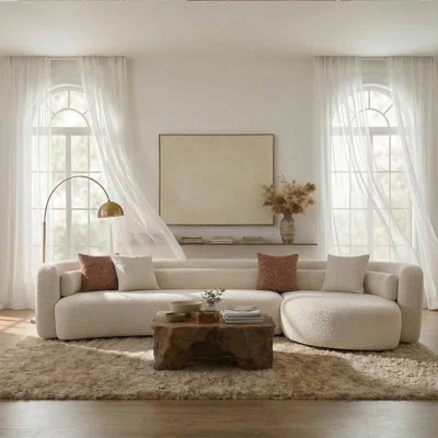 Curved Sectional Sofa in Cream White, Polyester Upholstered Cloud Couch with Deep Seating, Modern Minimalist Modular Sofa for Living Room | Wayfair North America