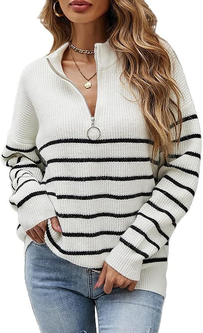 Pullover Sweaters for Women Fall Fashion Long Sleeve Zipper Collar Tops Oversized Striped Sweater... | Amazon (US)