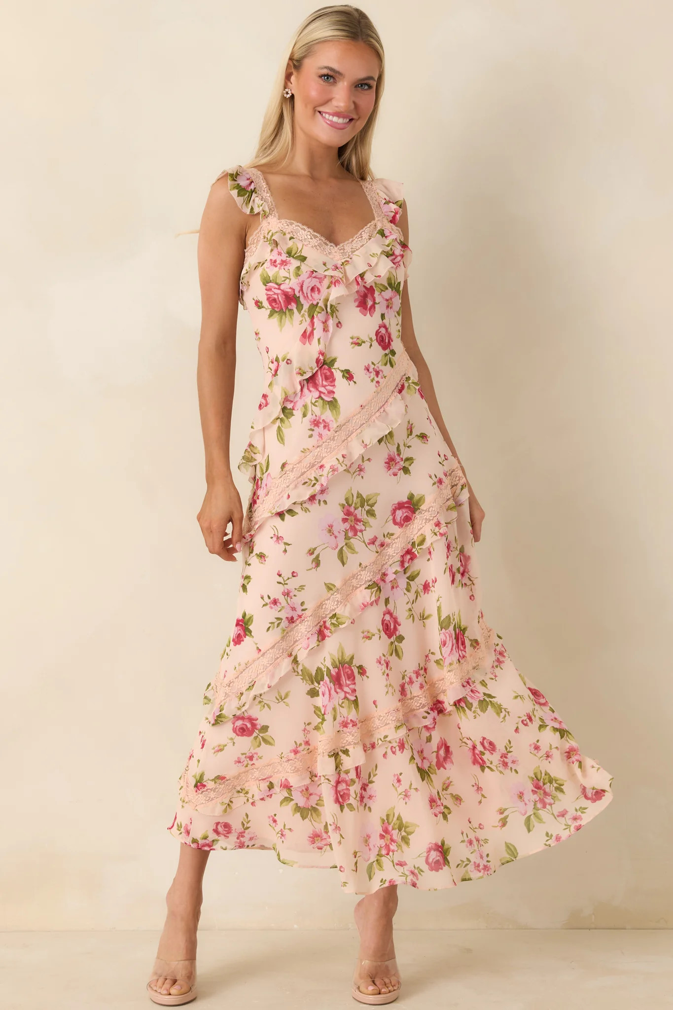 Yours Always Rose Pink Floral Lace & Ruffle Trim Midi Dress | Red Dress