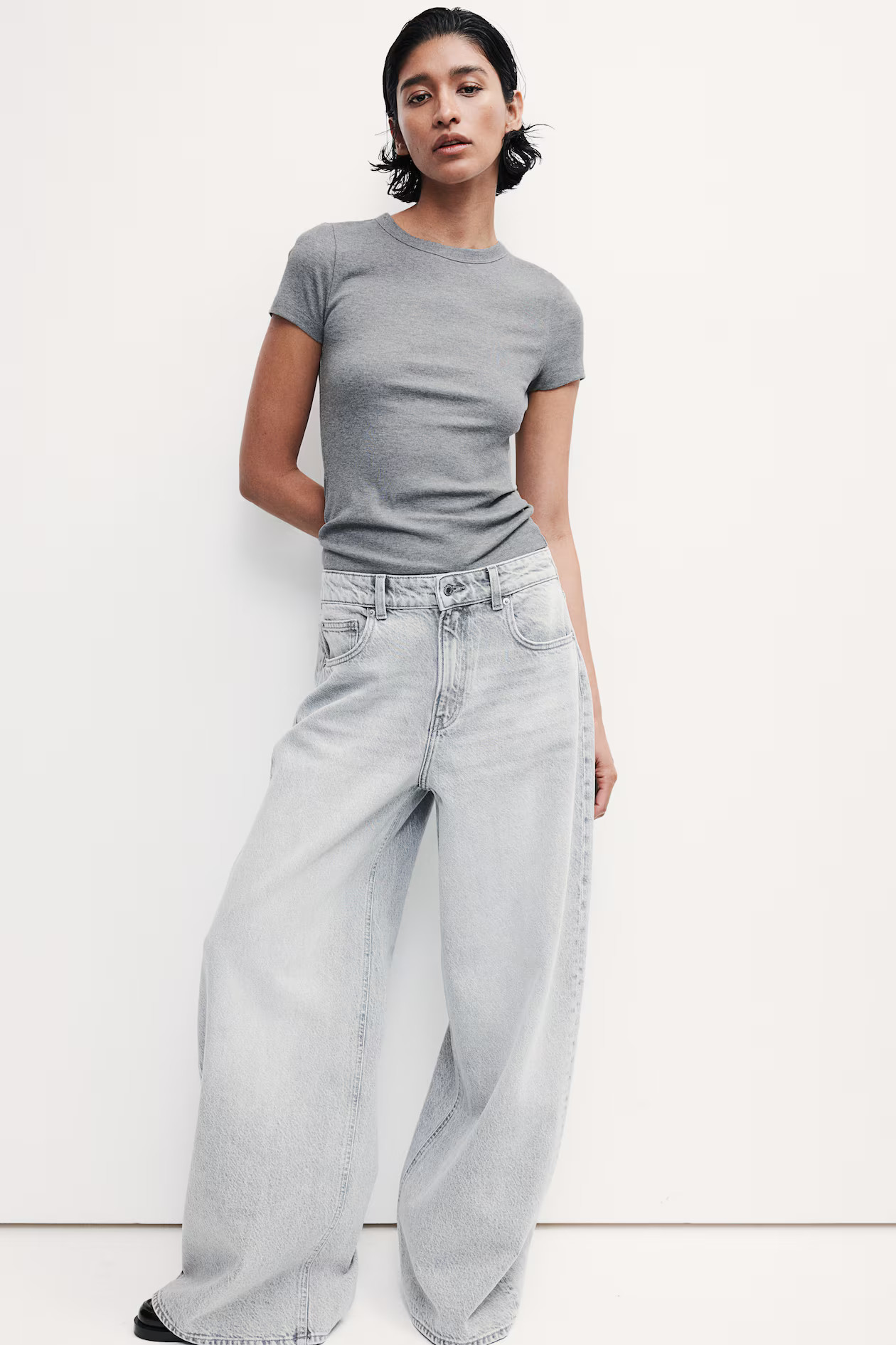 Camiseta en canalé de mezcla de modal - Gris claro jaspeado - MUJER | H&M ES | H&M (FR, IT, ES, PT, BE)