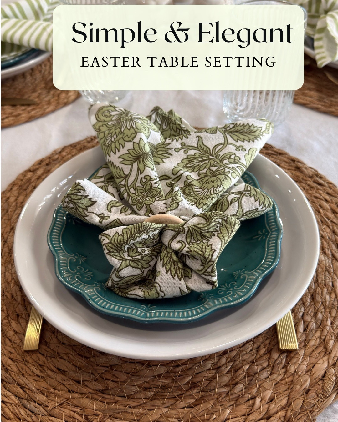Creating a beautiful table is one of my favorite ways to make everyday moments feel special.
For this Easter table, I combined olive green napkins with striped and floral patterns, classic white dinner plates, and a pop of turquoise dessert plates to bring freshness and elegance to the table.
It’s a simple yet timeless combination that adds charm and personality to any gathering with family and friends.
If you love tablescape inspiration, hosting ideas, and beautiful home details, I’ve linked some of my favorite pieces to recreate this look.
✨ Shop this Easter table through my LTK. 


#LTKSeasonal #LTKU #LTKHome