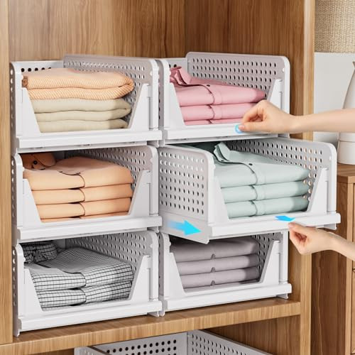 SNSLXH 5 Pack Stackable Closet Storage Basket, Multifunctional & Foldable Closet Organizer for Bathroom Kitchen Laundry Room Wardrobe Storage, Space-Saving Clothes Storage Drawer Organizer, White | Amazon (US)