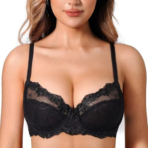 Deyllo Women's Lace Bra Plus Size Underwire Non Padded Unlined Sheer Lace Black | Amazon (US)