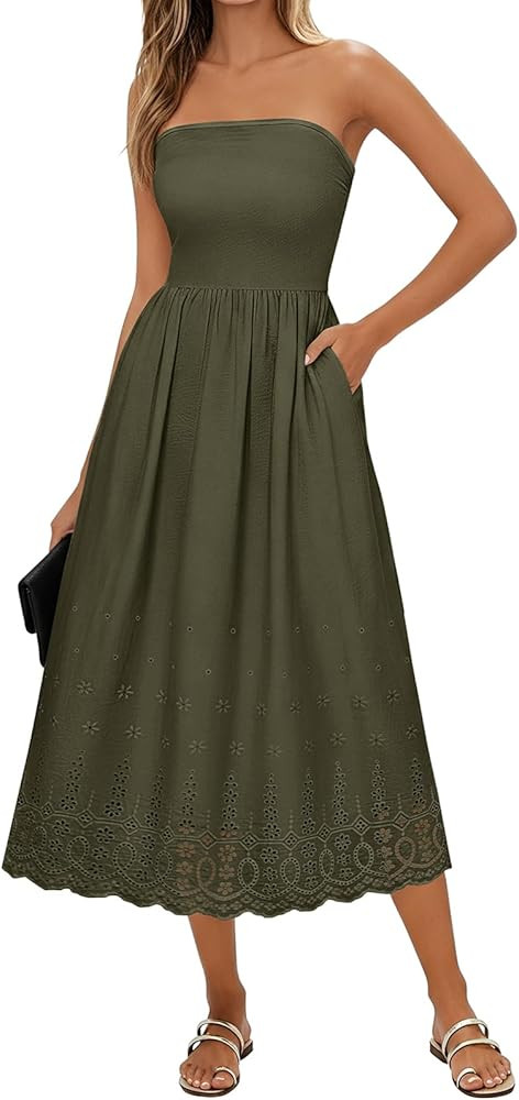 Lazysmile Summer Boho Maxi Dress for Women Strapless Tube Top Lace Trim A Line Beach Casual Long ... | Amazon (US)