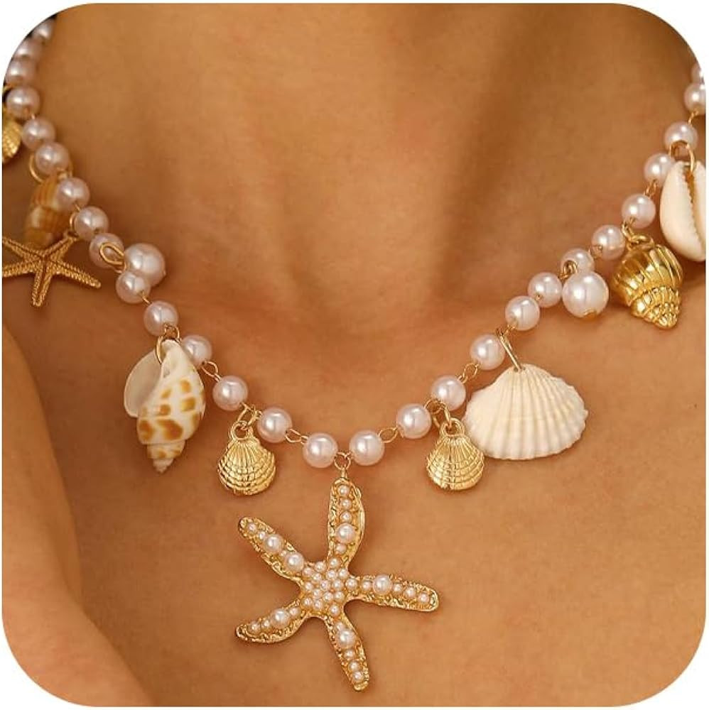 Charming Beachy Sea Shell Star Starfish Choker Necklace for Women, Dainty Boho Beaded Pearl Seash... | Amazon (US)