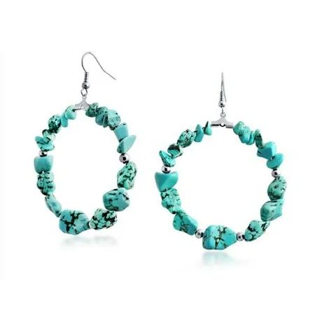 Synthetic Turquoise Beads Large Hoop Earrings Rhodium Plated Brass | Walmart (US)
