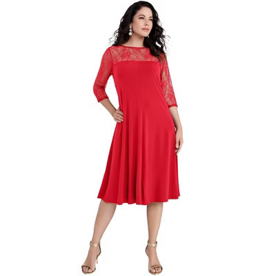 Roaman's Plus Size 3/4 Sleeve Allover Lace Swing Dress - 38/40, Vivid Red | Target
