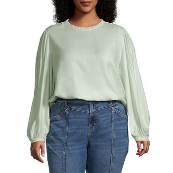 a.n.a Plus Womens Round Neck Long Sleeve Blouse | JCPenney