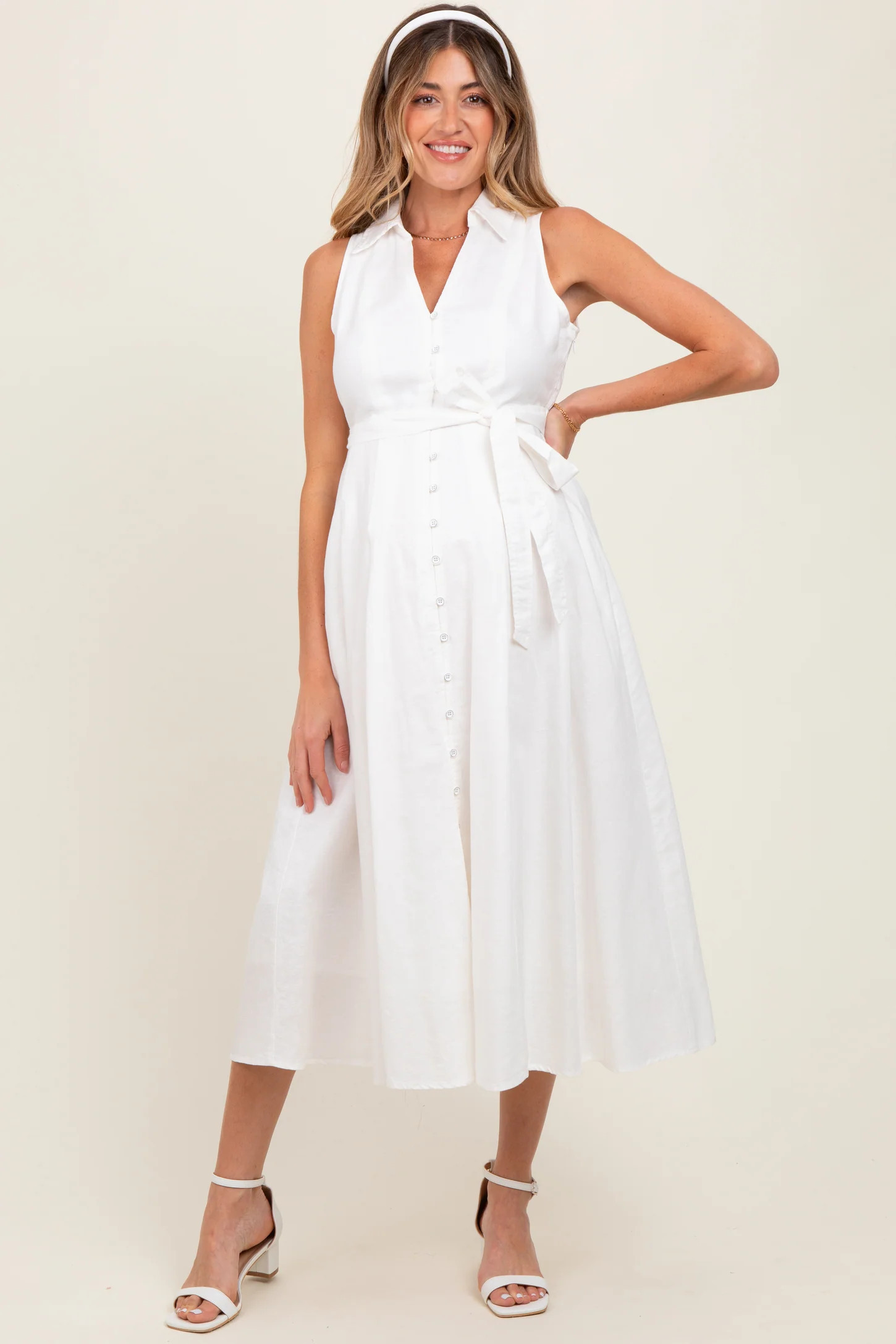 White Sleeveless Linen Blend Maternity Midi Shirt Dress | PinkBlush Maternity