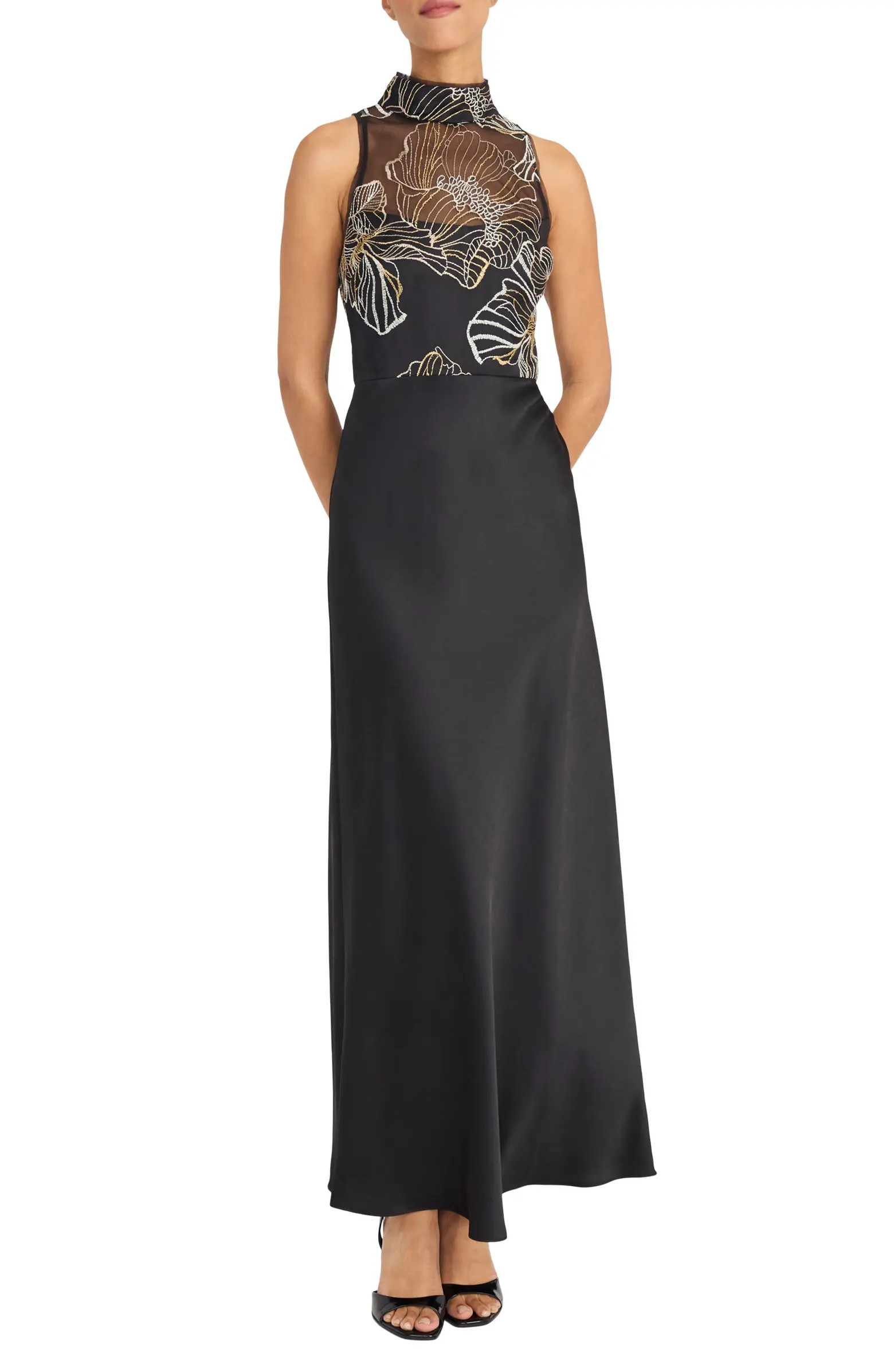 Maggy London Metallic Embroidery Mixed Media Gown | Nordstrom | Nordstrom