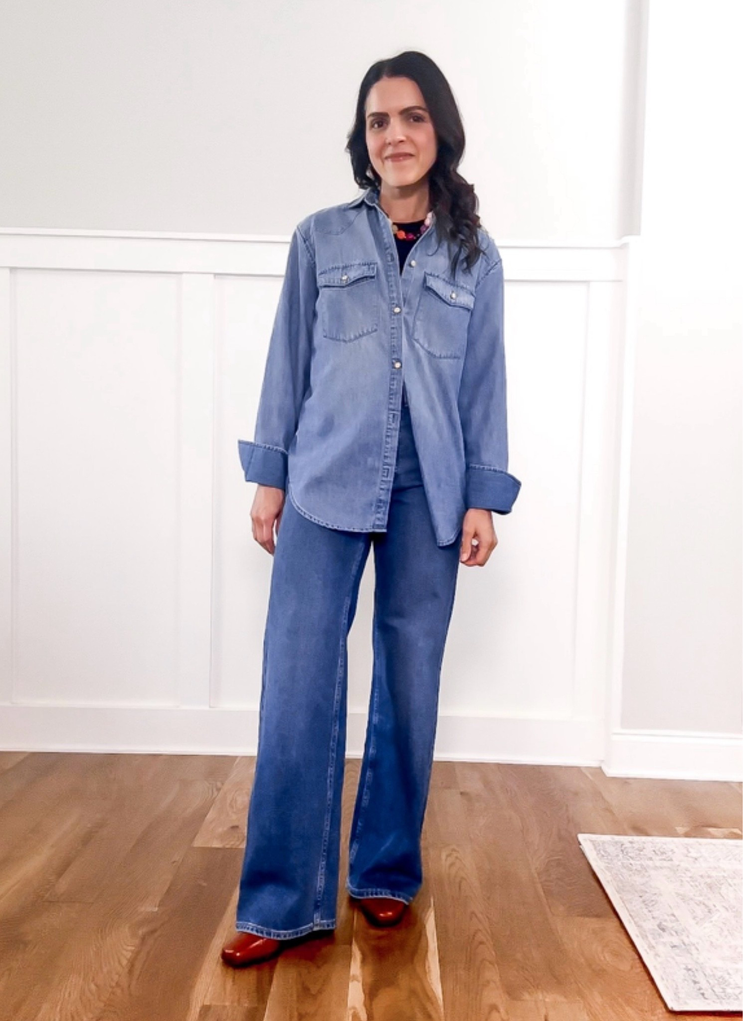 Outfit formula: double denim | Keep a little contrast between the denim washes.

Light wash chambray shirt, wide leg jeans, colorful necklace, red woven flats.

#LTKootd #LTKgrwm