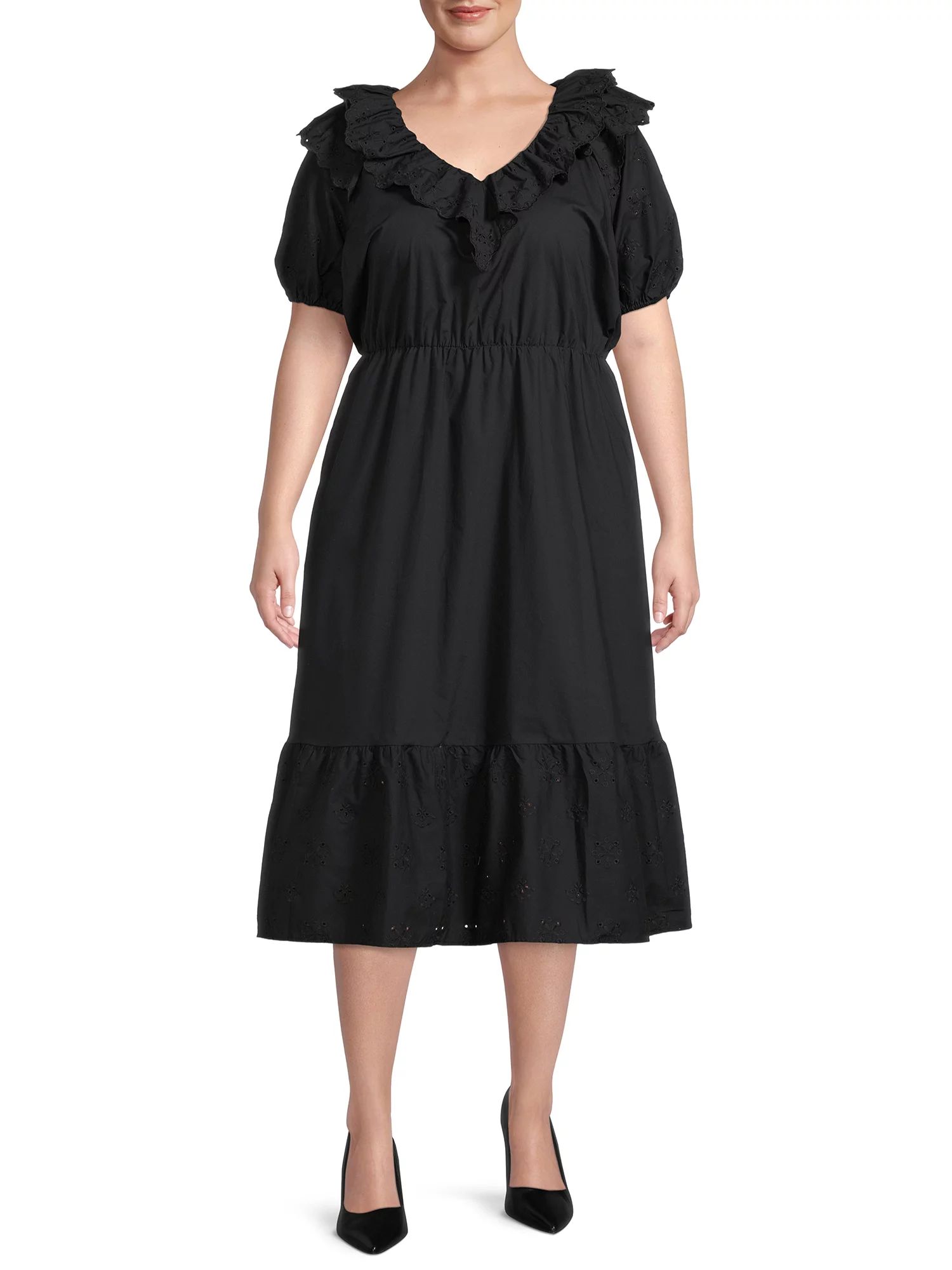 The Get Women's Plus Size Short Sleeve Eyelet Ruffle Midi Dress - Walmart.com | Walmart (US)