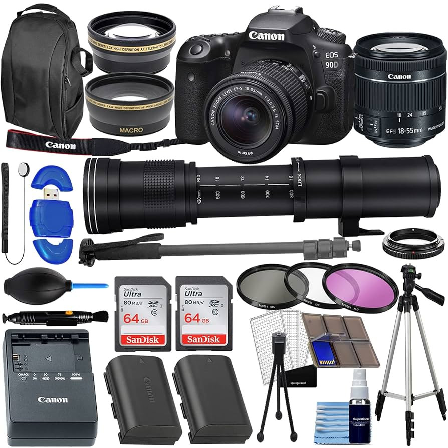 Canon EOS 90D DSLR Camera w/ 18-55mm Lens Bundle + 420-800mm HD Super Zoom Lens, 128GB Memory, Wi... | Amazon (US)