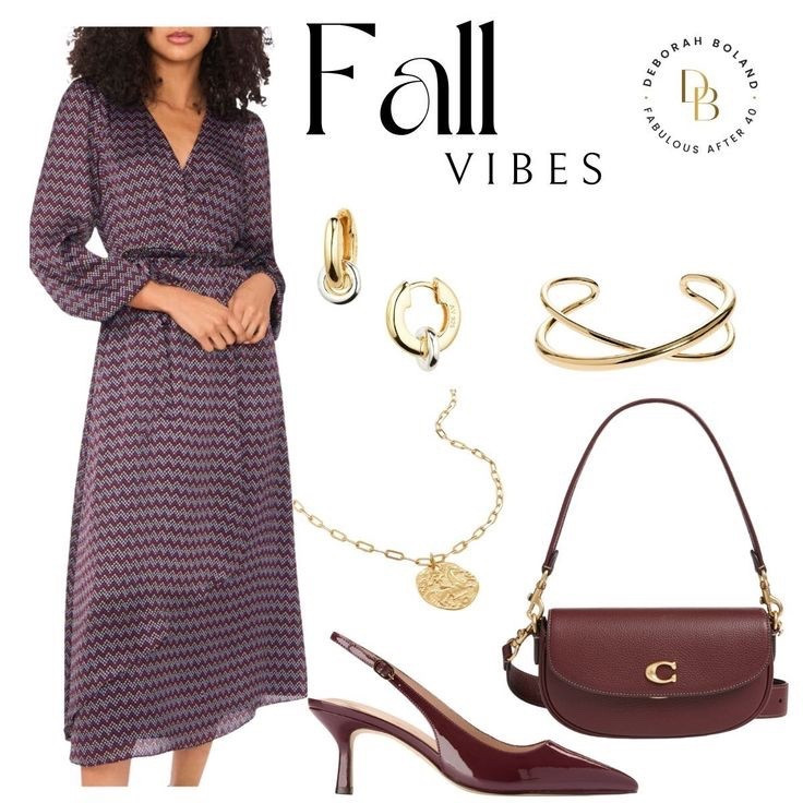Polished, chic, and fall-ready 🍂✨ This office look pairs a sophisticated print dress with rich burgundy accessories and timeless gold jewelry for effortless elegance from 9 to 5 (and beyond). 

#FallStyle #OfficeChic #FabulousAfter40

#LTKStyleTip #LTKOver40 #LTKSeasonal