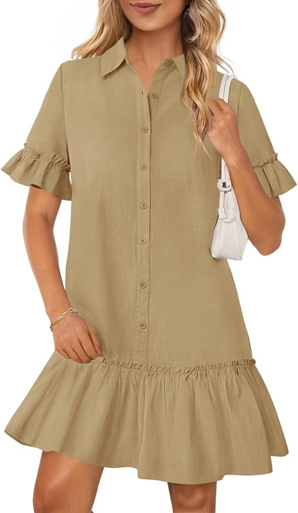 MEROKEETY Women's Summer Button Down Shirt Dress Casual Ruffle Sleeve Shift Mini Dresses with Poc... | Amazon (US)