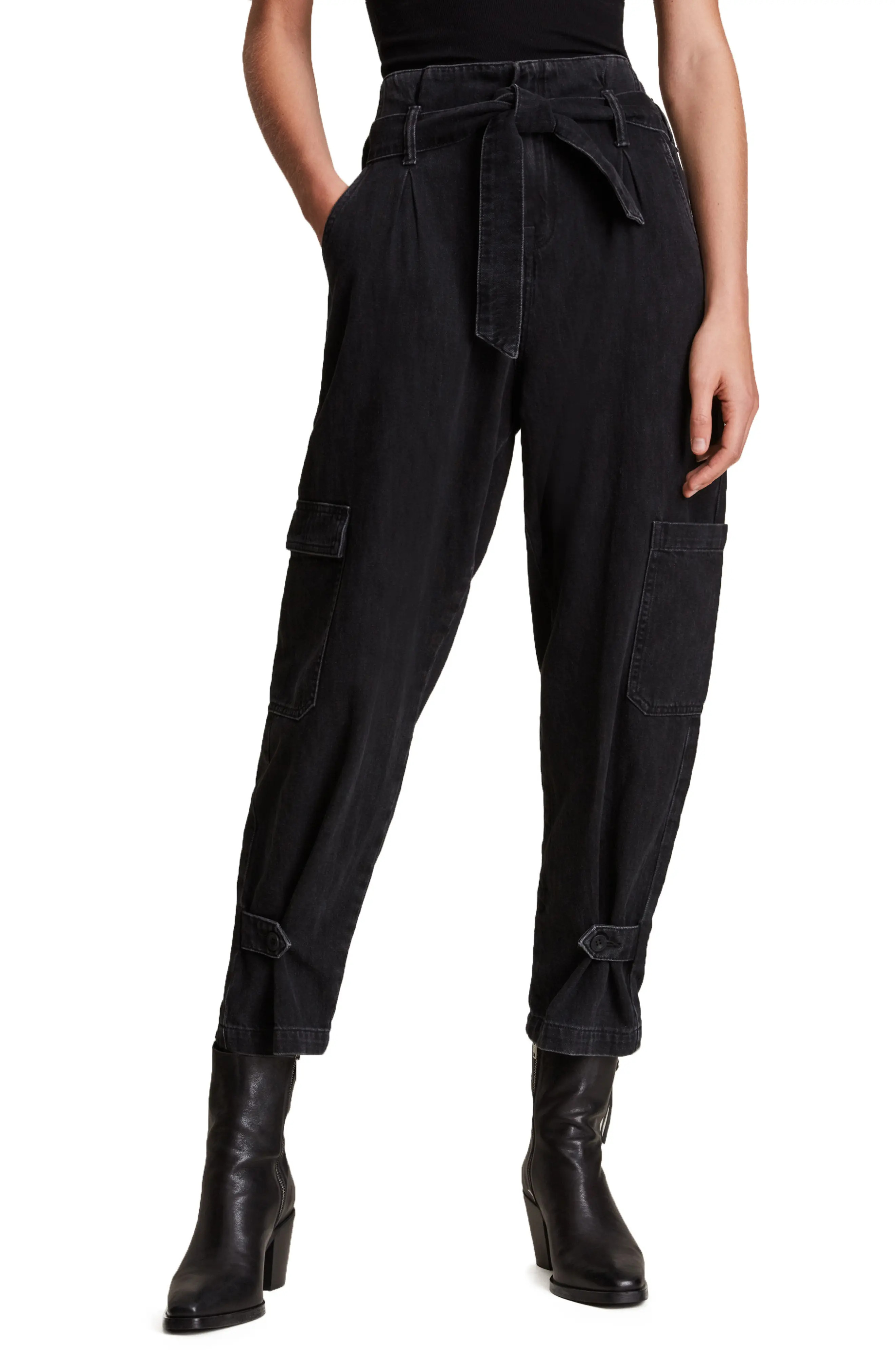 AllSaints Mona Paperbag Jeans in Washed Black at Nordstrom, Size 10 Us | Nordstrom