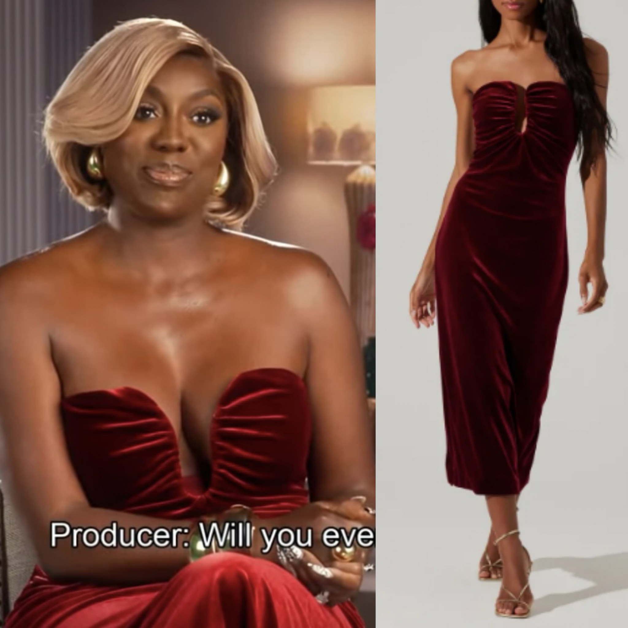 Wendy Osefo’s Burgundy Velvet Strapless Dress