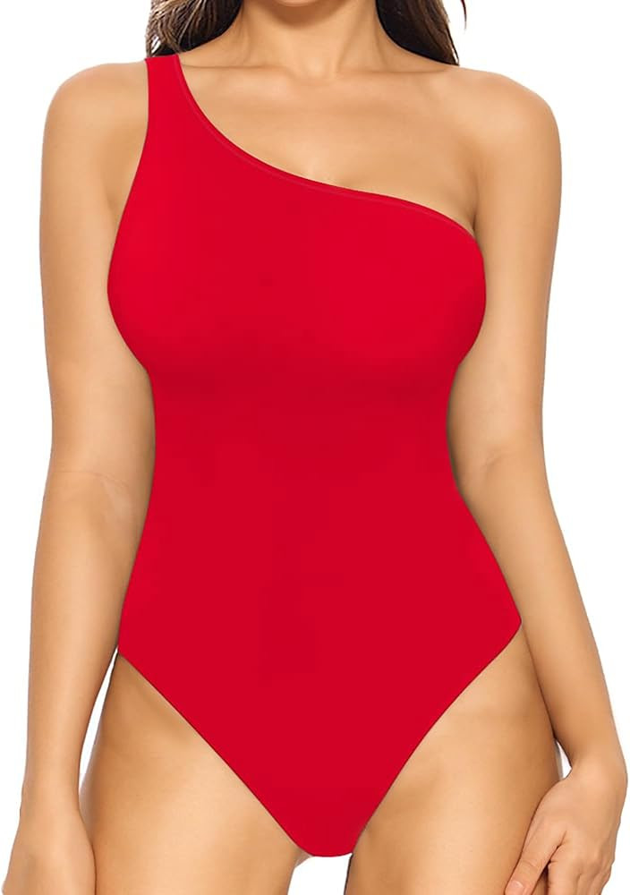 MANGOPOP Women's One Shoulder Off Shoulder Long Sleeve Bodysuit Tops | Amazon (US)