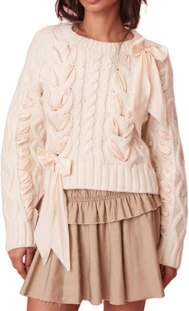 Women Cute Ribbon Lace Up Bow Knit Sweater Y2k Fairy Grunge Loose Fit Pullover Knitted Jumper Vin... | Amazon (US)