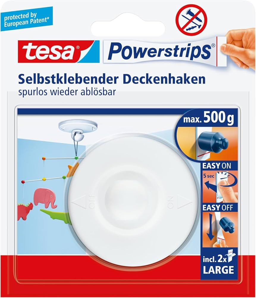 tesa Powerstrips Deckenhaken - Selbstklebender, drehbarer Haken in Weiß zum Aufhängen von Decke... | Amazon (DE)