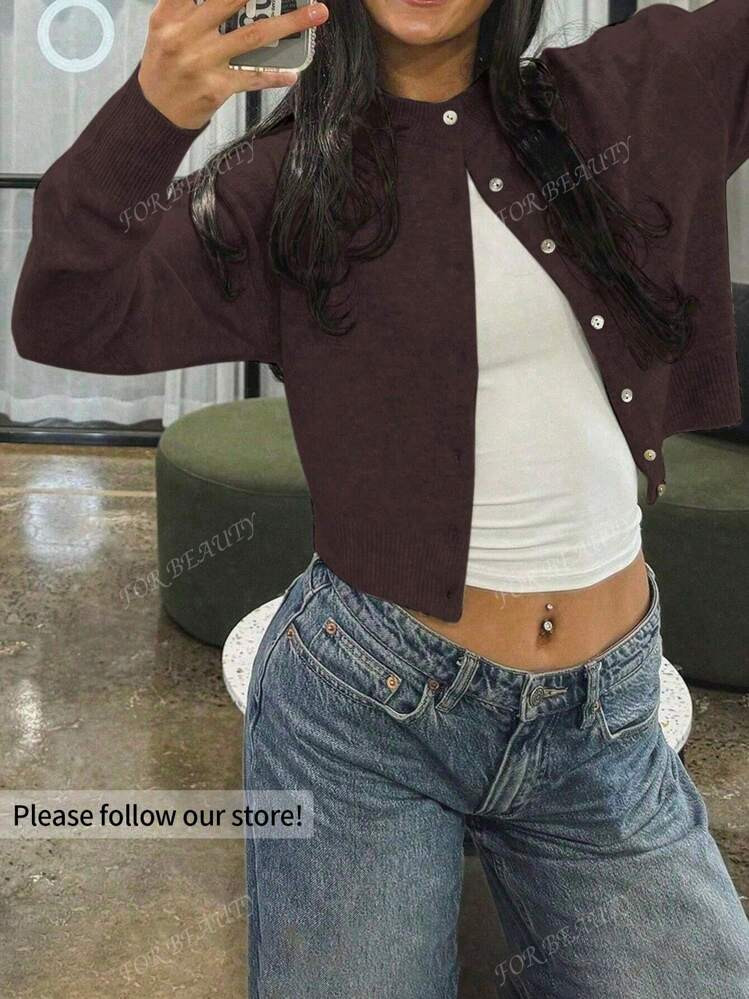 FOR BEAUTY Spring And Autumn Winter New Women's Round Neck Small Shell Twisted Buckle Long Sleeve Knitted Cardigan Women's Short, Loose And Comfortable Coffee Sweater Coat Top Back To School | SHEIN