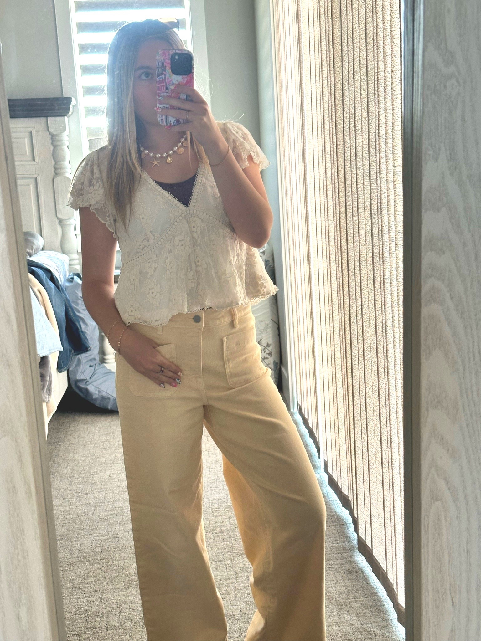 Soft feminine neutrals are always a yes 🤍✨ This dreamy lace top paired with cream wide leg pants from  Altar’d State￼ is giving effortless coastal chic meets everyday elegance 🌊🐚 Perfect for brunch, vacation outfits, summer-to-fall transitions, or elevated casual looks! I’m obsessed with the delicate lace details and neutral tones in this outfit 🤎

Comment YELLOW for direct links 💛 #LTKStyle #LTKFashion #AltarDState #NeutralOutfit #CoastalGranddaughter #WideLegPants #LaceTop #CreamOutfit #FeminineStyle #CasualChic #EverydayFashion #OOTD #SummerToFallStyle #NeutralFashion #FashionInspo

#LTKdayinmylife #LTKgrwm #LTKootd