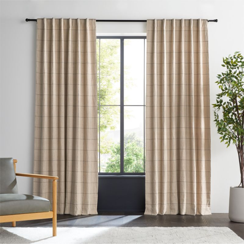 Warm Beige & Storm Grey Linen Double Pinstripe Grid Blackout Window Curtain Panel 52"x96" + Revie... | Crate & Barrel