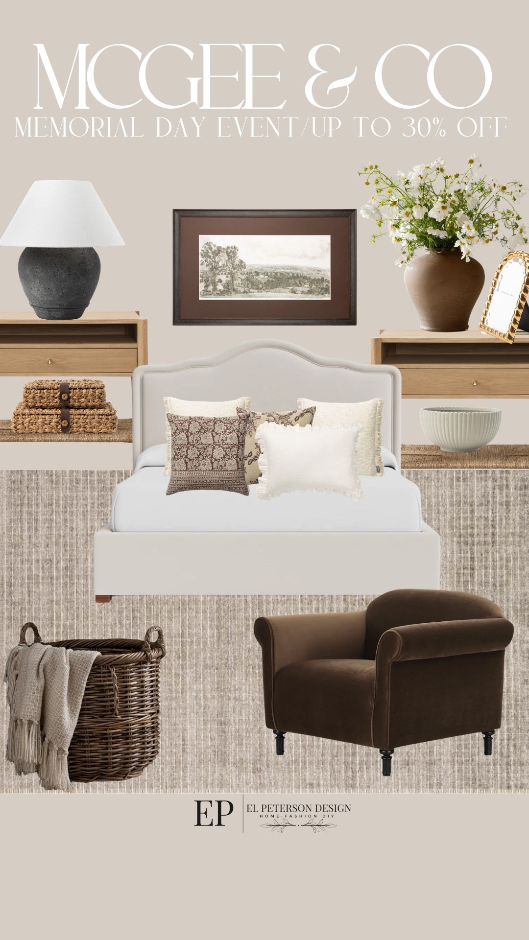 Mcgee & Co
Memorial Day sale up to off sitewide 
Upholstered bed
Artwork
Nighstand
Pillows
Area rug
Accent chair
Basket
Vase
Stems
Table lamp
Picture frame
Decorative box
Bowl

#LTKSaleAlert #LTKHome