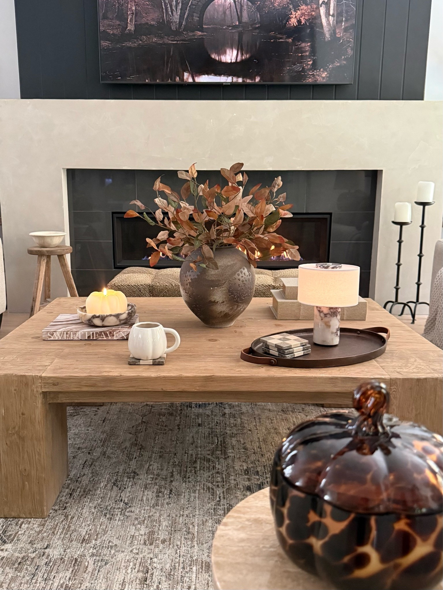 Solid wood coffee table. A bit pricey, but no regrets. We love it! It’s chunky, heavy, and a perfectly neutral wood tone. 
Fall home
Modern organic home furniture