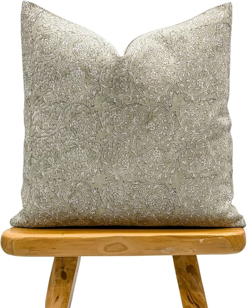 Designer Floral Print on Natural Linen Pillow Cover, Light Sage Green Pillow Cover, Farmhouse Pil... | Amazon (US)