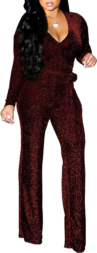 Women's Sexy Sparkly Jumpsuits Clubwear One Piece Deep V Neck Long Sleeve Pants with Belt | Amazon (US)