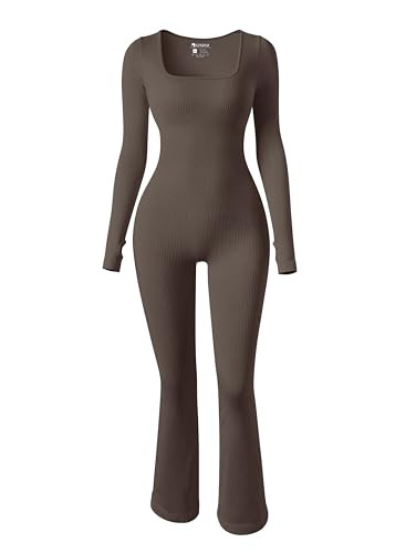 OQQ Women Yoga Jumpsuits Ribbed Exercise Long Sleeve Tops Bell Bottoms Flare Jumpsuits Tea leaf | Amazon (US)