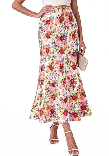 BTFBM Maxi Skirts for Women 2026 Summer Spring Boho Lightweight A Line High Waisted Wedding Guest Party Silk Midi Skirt(Floral White Multicolored, XX-Large) | Amazon (US)