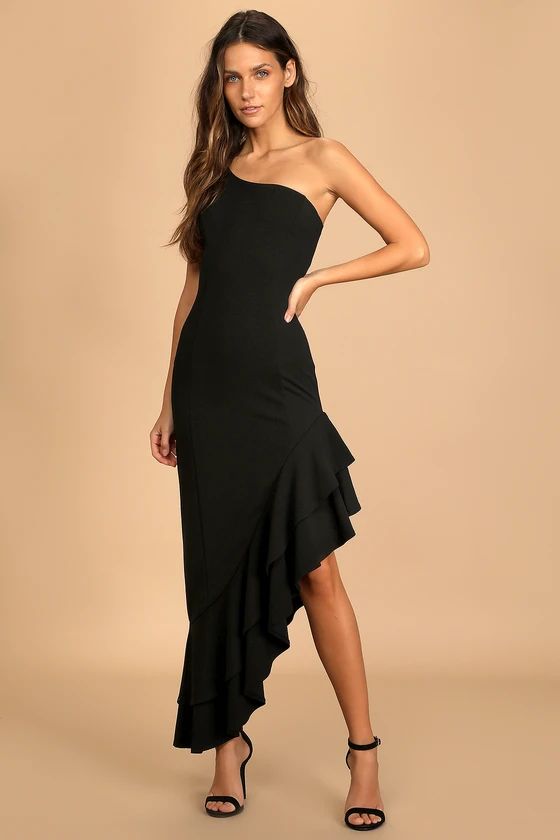 Steal a Glance Black One-Shoulder Asymmetrical Midi Dress | Lulus