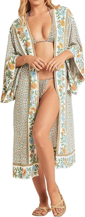 R.Vivimos Women's Vintage Floral Print Beach Boho Cardigan Kimono Maxi Swimwear Cover up Dress Wr... | Amazon (US)