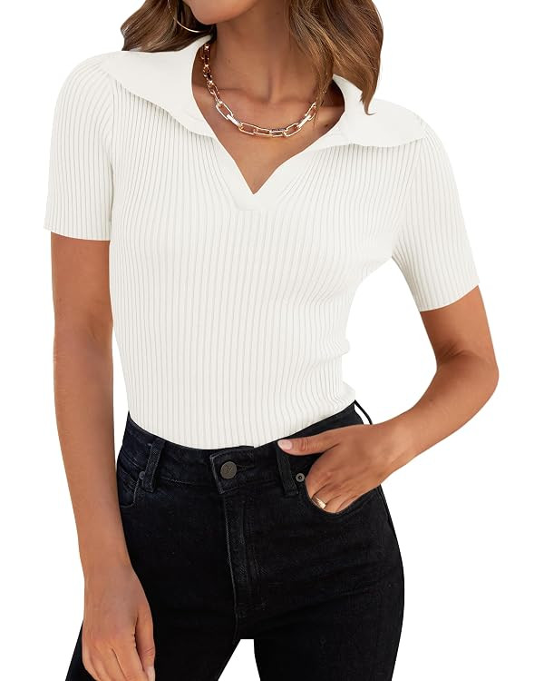ZESICA Women's Short Sleeve V Neck T Shirts 2026 Summer Ribbed Knit Slim Fitted Basic Solid Color... | Amazon (US)