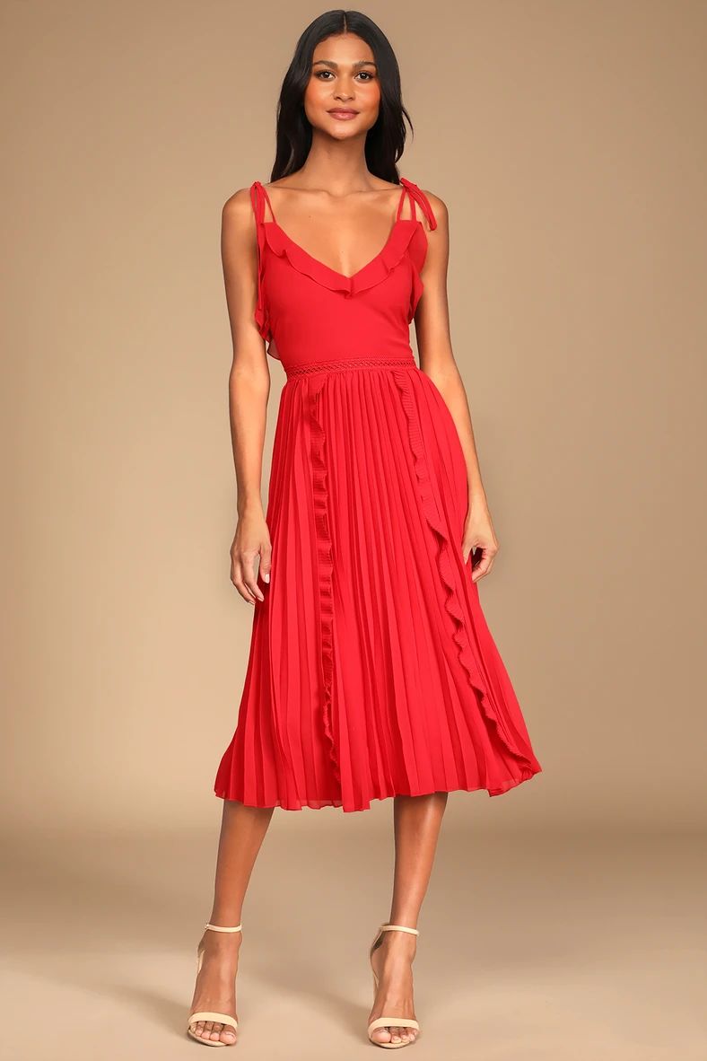 Never a Dull Moment Bright Red Tie-Strap Pleated Midi Dress | Lulus (US)