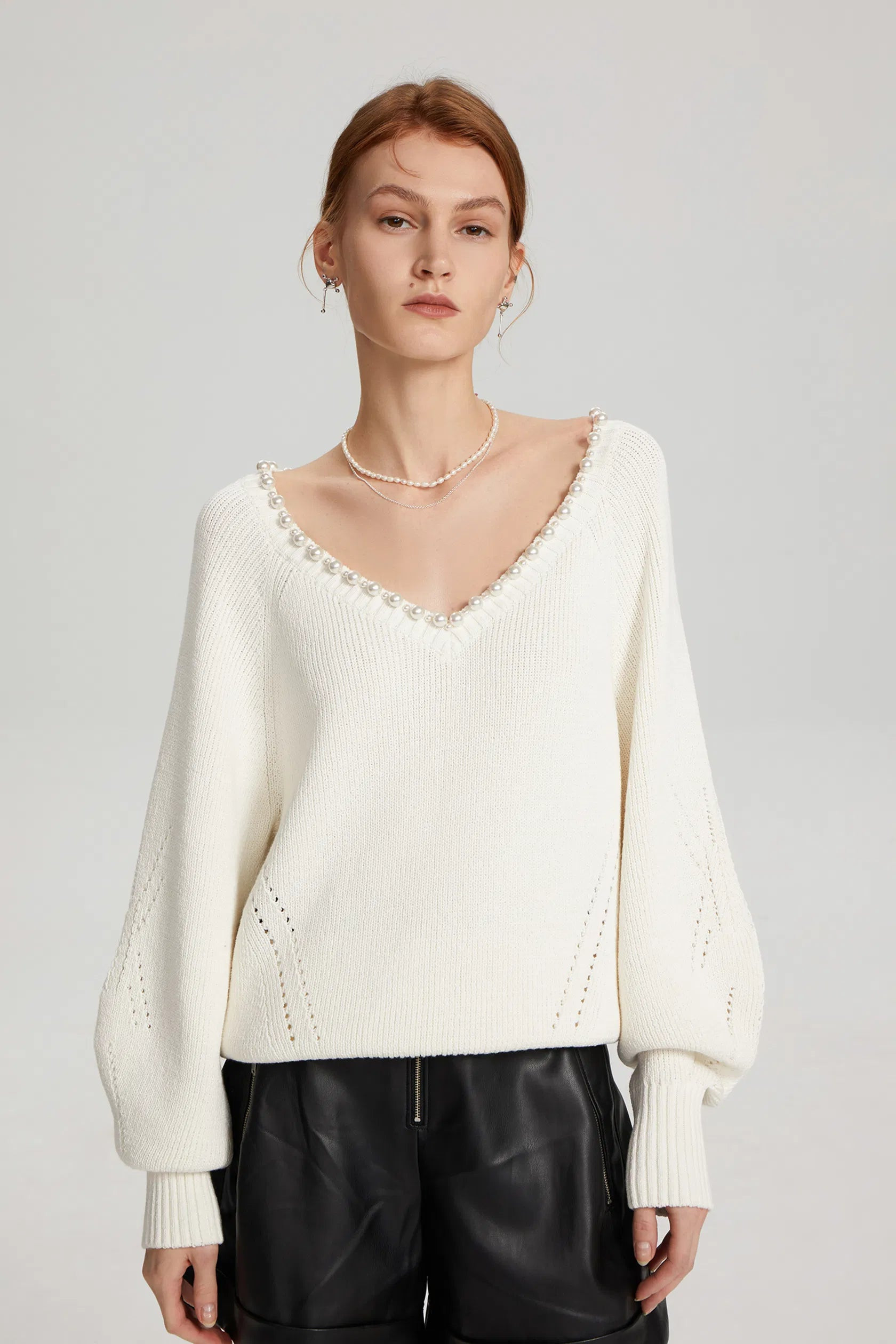 Cassidy Pearl-Embellished Knit Sweater in Cotton Blend | Fabrique