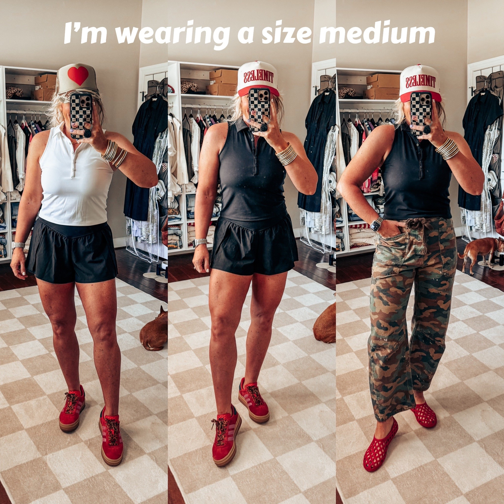 These black shorts and polos are so CUUTE! Definitely keepers! 👏🏼🥰 I’m a size 8/M & wearing a medium in everything.  
Camo jeans - true to size 
Adidas - sized down 
Jelly shoes - true to size 


#LTKStyleTip #LTKOver40 #LTKFindsUnder50