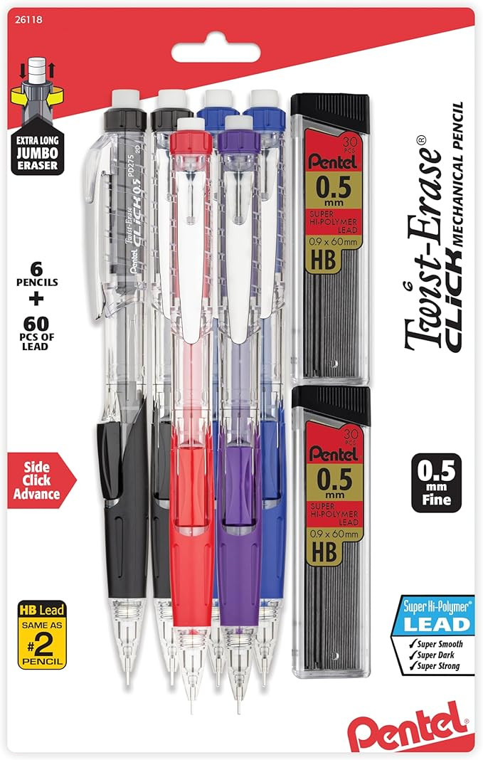 Pentel Twist-Erase Click Mechanical Pencil (0.5mm), Pack of 6 Pencisl with 2 Pack of Lead Refills... | Amazon (US)