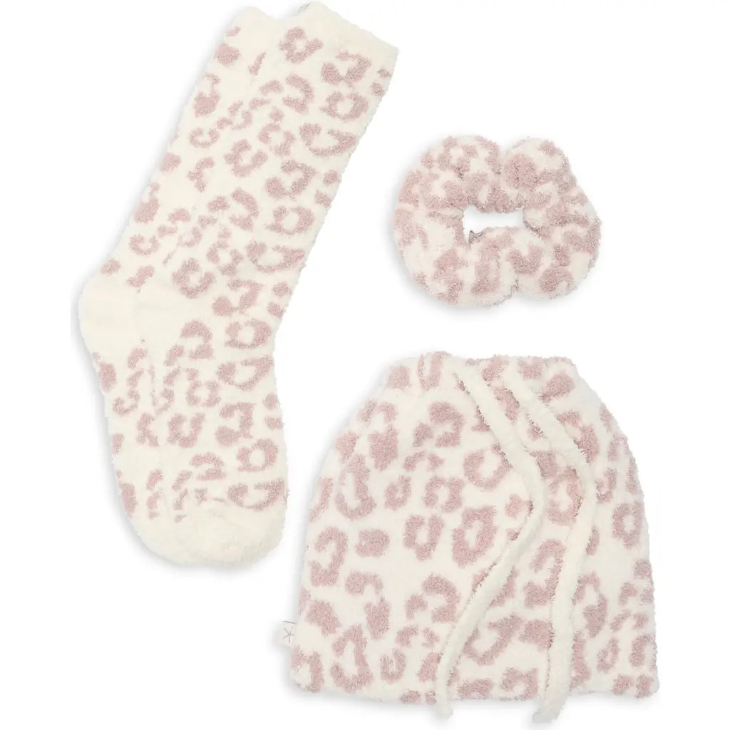Barefoot Dreams® CozyChic® Leopard Print Scrunchie & Socks Gift Set in Cream/Faded Rose at Nordstrom Rack | Nordstrom Rack
