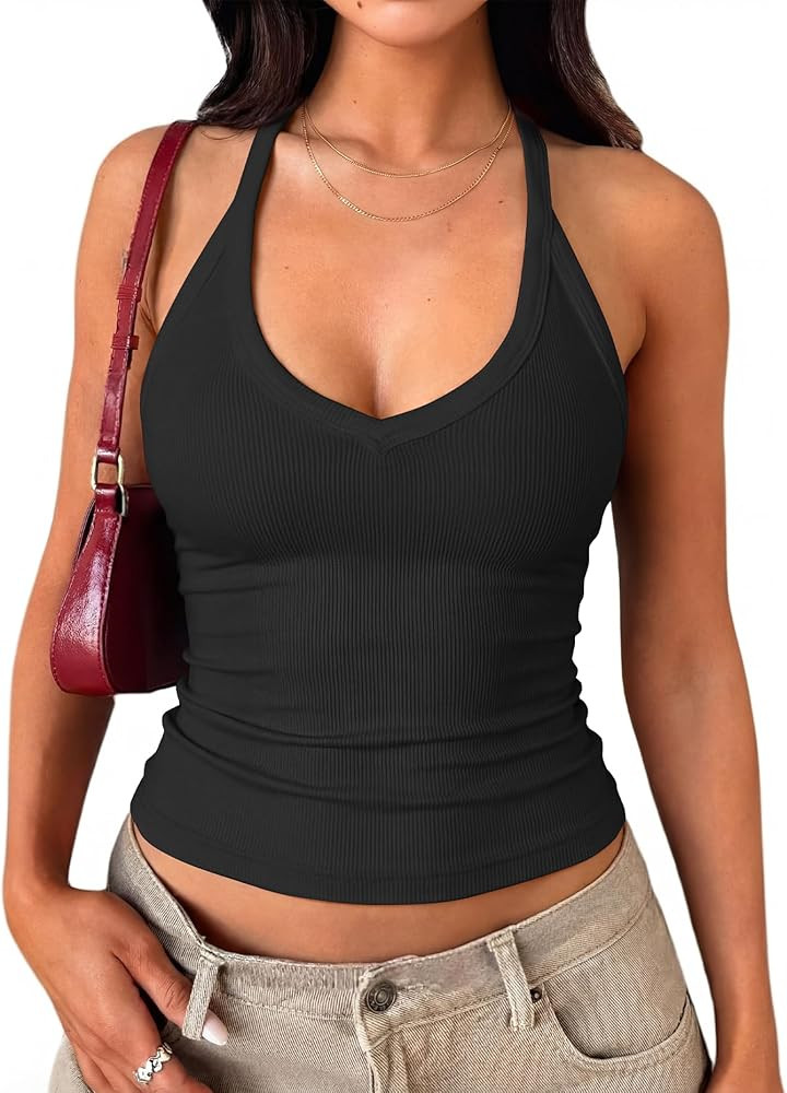 Darong Women's V Neck Tank Tops with Built-in Bra Racerback Basic Summer Camisole Ribbed Slim Fit... | Amazon (US)