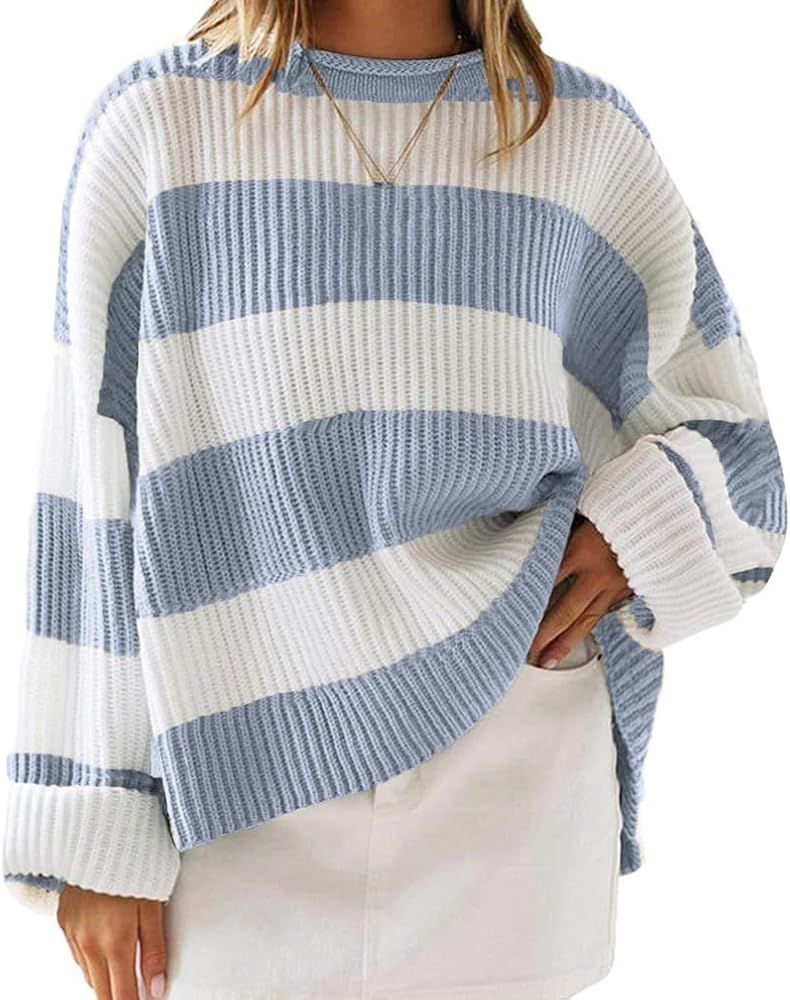 Fuimsul Women Striped Knitted Sweater Colorblock Crew Neck Drop Shoulder Long Sleeve Loose Fitted... | Amazon (US)