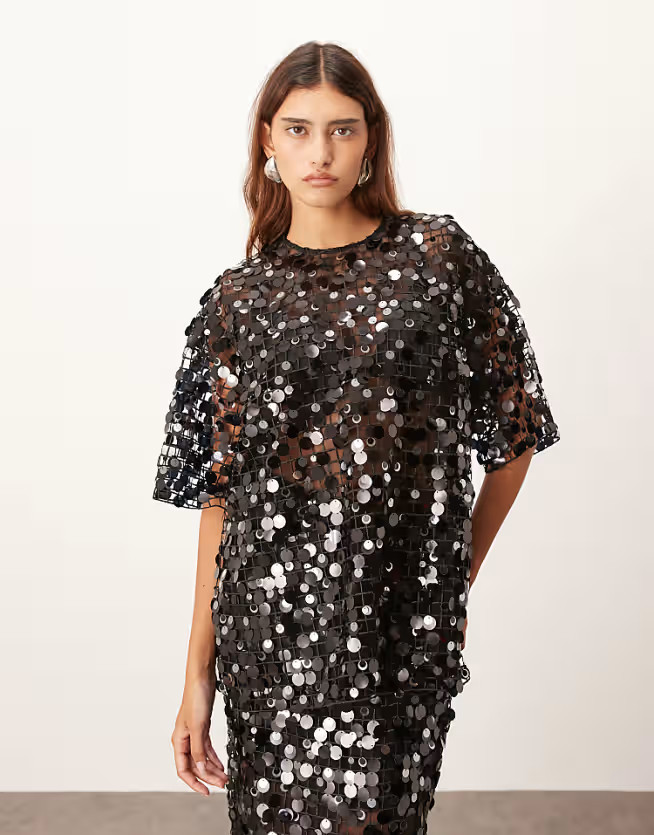ARRANGE sheer grid sequin tee in black - part of a set | ASOS (Global)