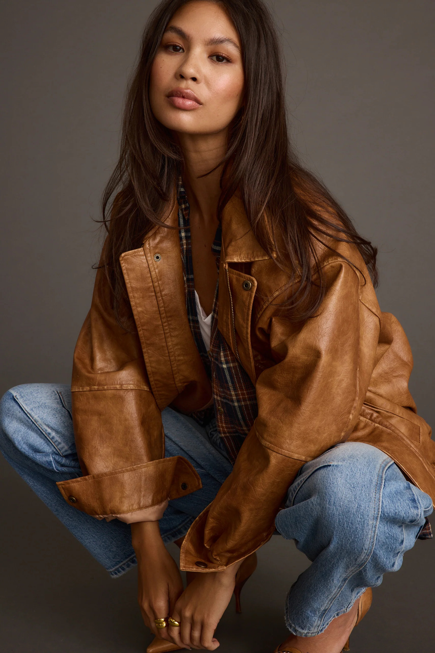 London Calling Cognac Oversized Faux Leather Jacket | 12th Tribe