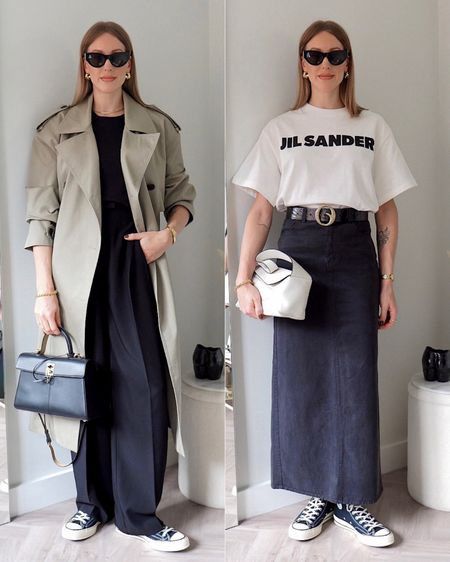 How to style black converse outfits - my favourite maxi skirt and trench coat looks. The trousers and trench are perfect for an office outfit! #smartcasual #workwear #converse 

#LTKFind #LTKshoecrush #LTKworkwear
