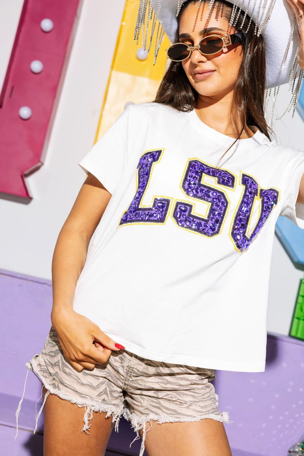 Licensed LSU Jeweled Letter Tee | Queen of Sparkles